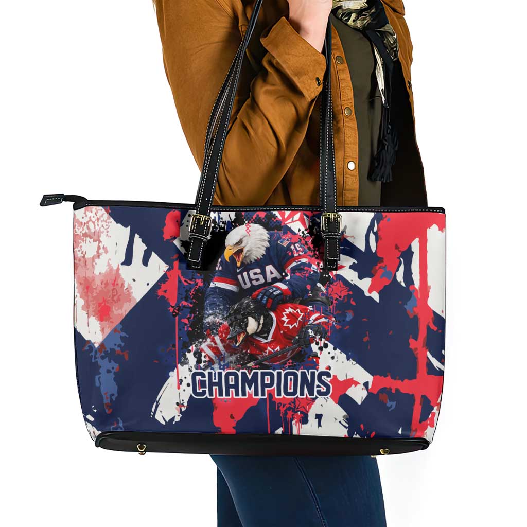 USA Ice Hockey Champions Eagle Leather Tote Bag Patriotic Paint Splash Graffiti Art