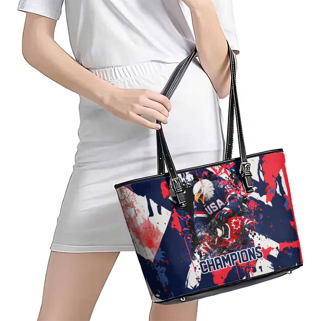 USA Ice Hockey Champions Eagle Leather Tote Bag Patriotic Paint Splash Graffiti Art