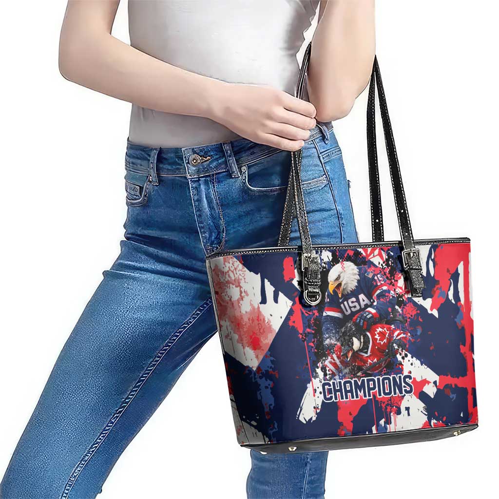 USA Ice Hockey Champions Eagle Leather Tote Bag Patriotic Paint Splash Graffiti Art