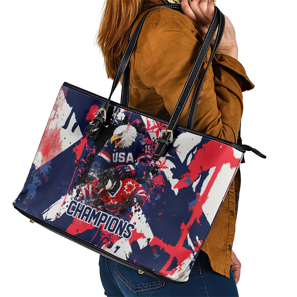 USA Ice Hockey Champions Eagle Leather Tote Bag Patriotic Paint Splash Graffiti Art