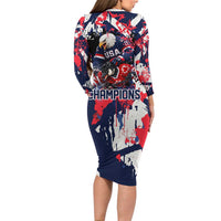 USA Ice Hockey Champions Eagle Long Sleeve Bodycon Dress Patriotic Paint Splash Graffiti Art