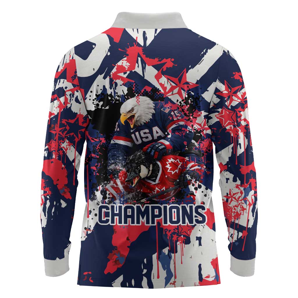 USA Ice Hockey Champions Eagle Long Sleeve Polo Shirt Patriotic Paint Splash Graffiti Art