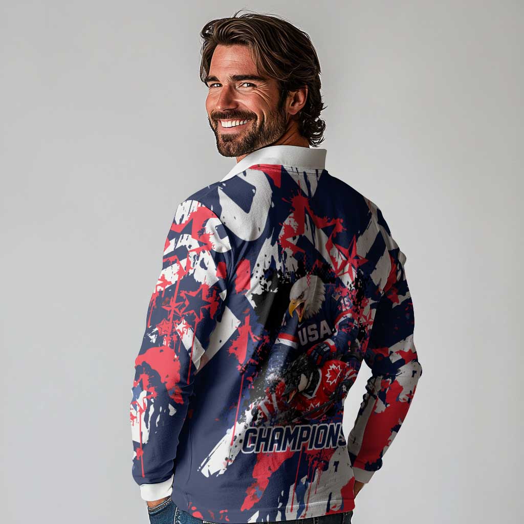 USA Ice Hockey Champions Eagle Long Sleeve Polo Shirt Patriotic Paint Splash Graffiti Art