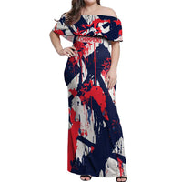 USA Ice Hockey Champions Eagle Off Shoulder Maxi Dress Patriotic Paint Splash Graffiti Art