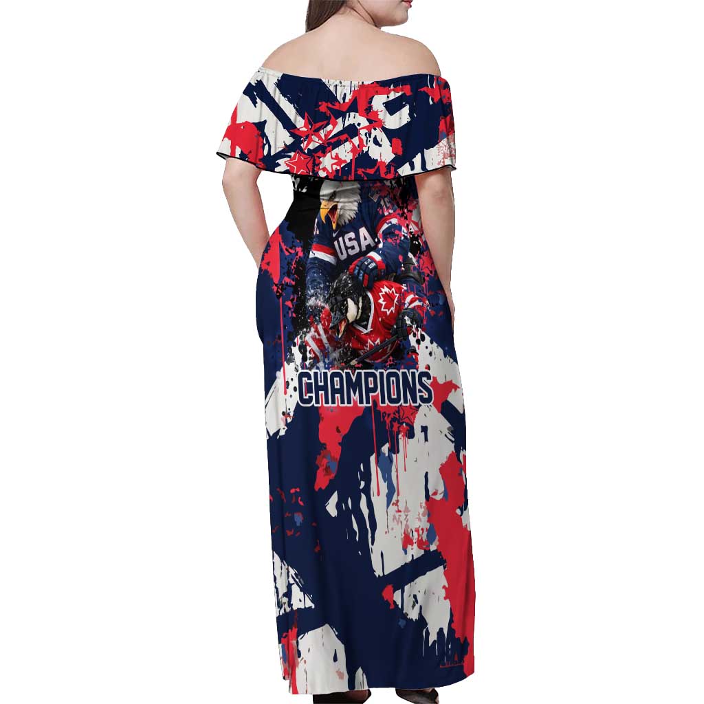 USA Ice Hockey Champions Eagle Off Shoulder Maxi Dress Patriotic Paint Splash Graffiti Art