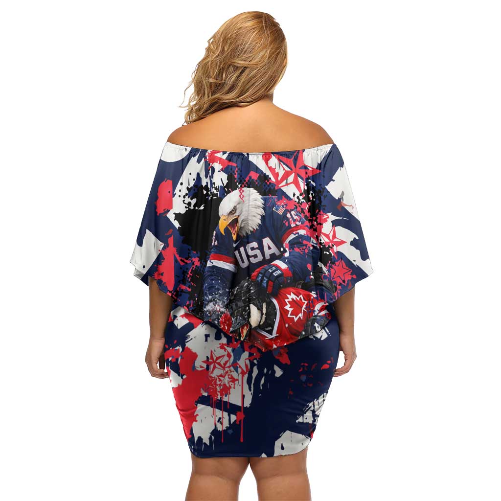 USA Ice Hockey Champions Eagle Off Shoulder Short Dress Patriotic Paint Splash Graffiti Art