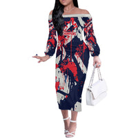 USA Ice Hockey Champions Eagle Off The Shoulder Long Sleeve Dress Patriotic Paint Splash Graffiti Art