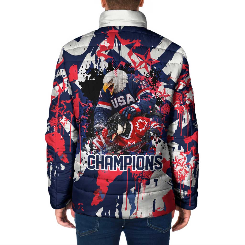 USA Ice Hockey Champions Eagle Padded Jacket Patriotic Paint Splash Graffiti Art