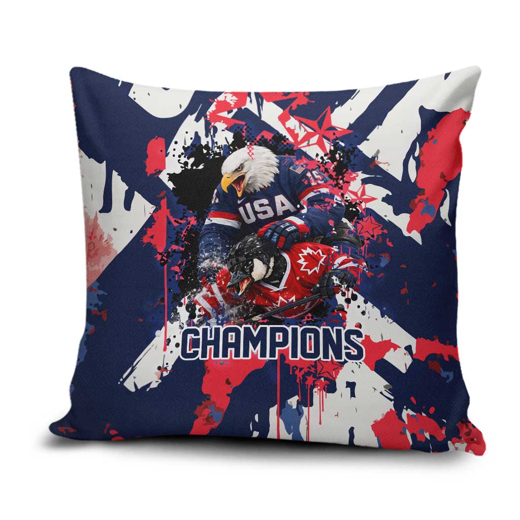 USA Ice Hockey Champions Eagle Pillow Cover Patriotic Paint Splash Graffiti Art