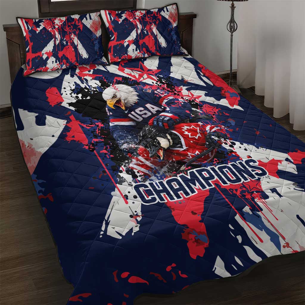 USA Ice Hockey Champions Eagle Quilt Bed Set Patriotic Paint Splash Graffiti Art