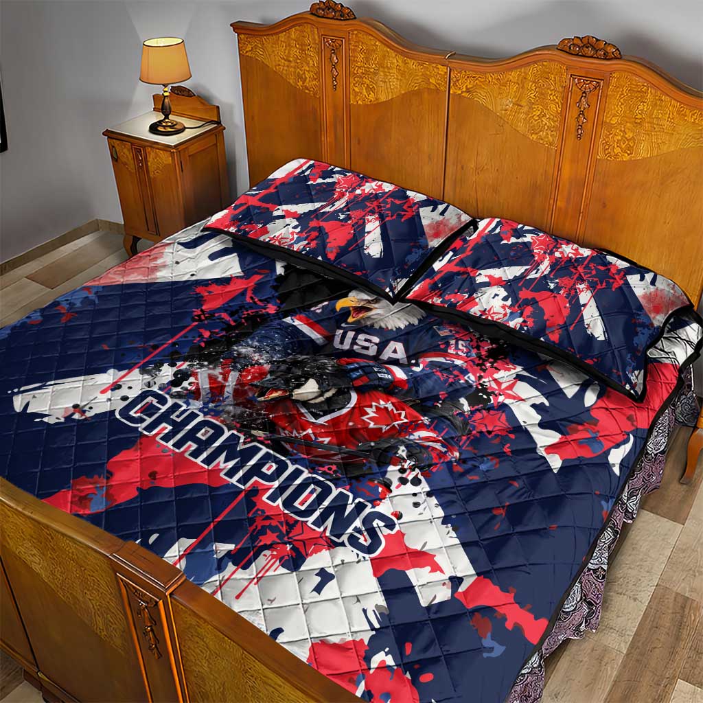 USA Ice Hockey Champions Eagle Quilt Bed Set Patriotic Paint Splash Graffiti Art
