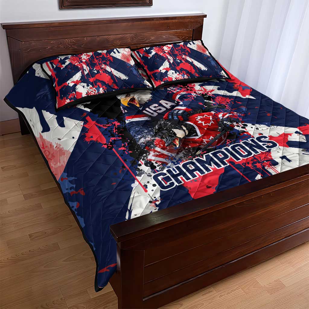 USA Ice Hockey Champions Eagle Quilt Bed Set Patriotic Paint Splash Graffiti Art