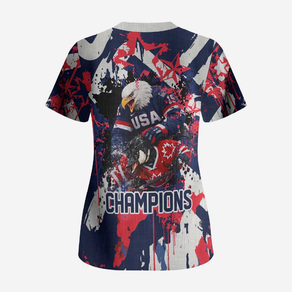 USA Ice Hockey Champions Eagle Scrub Top Patriotic Paint Splash Graffiti Art