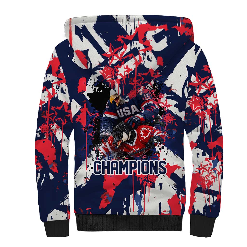 USA Ice Hockey Champions Eagle Sherpa Hoodie Patriotic Paint Splash Graffiti Art