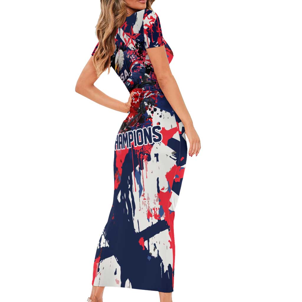 USA Ice Hockey Champions Eagle Short Sleeve Bodycon Dress Patriotic Paint Splash Graffiti Art
