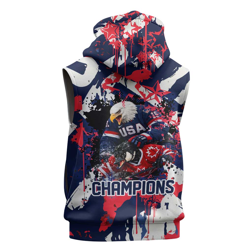 USA Ice Hockey Champions Eagle Sleeveless Hoodie Patriotic Paint Splash Graffiti Art