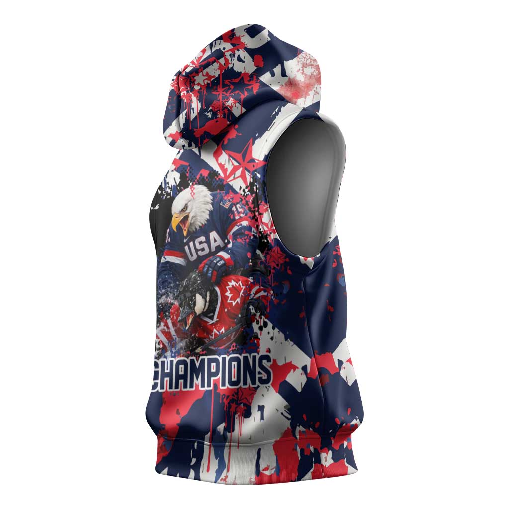 USA Ice Hockey Champions Eagle Sleeveless Hoodie Patriotic Paint Splash Graffiti Art