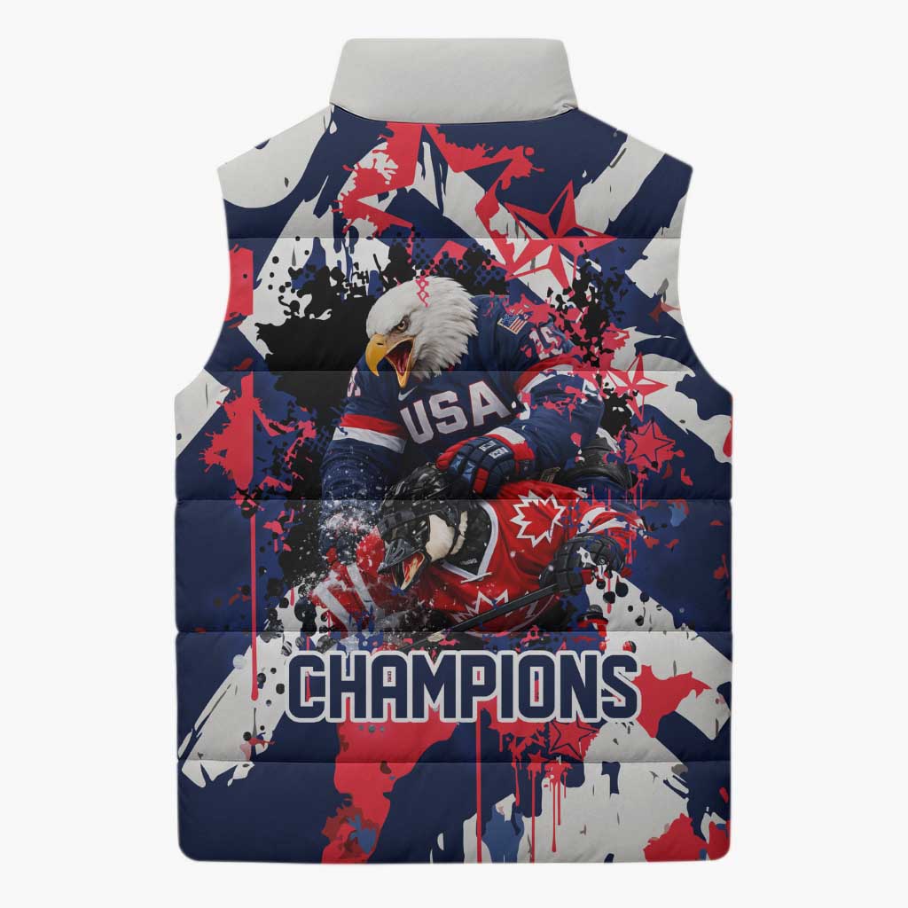 USA Ice Hockey Champions Eagle Sleeveless Puffer Jacket Patriotic Paint Splash Graffiti Art