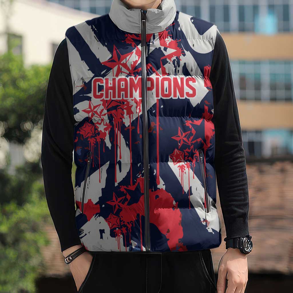 USA Ice Hockey Champions Eagle Sleeveless Puffer Jacket Patriotic Paint Splash Graffiti Art