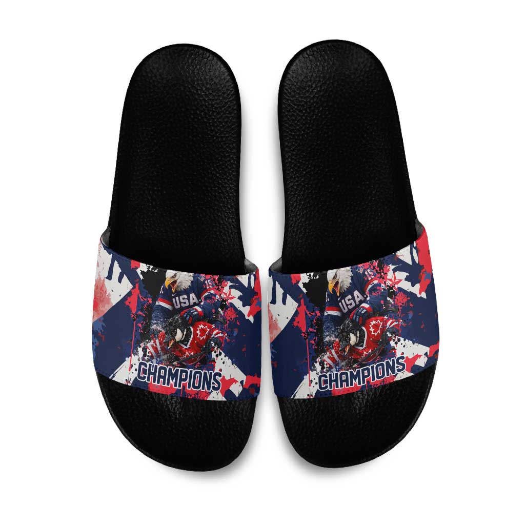 USA Ice Hockey Champions Eagle Slide Sandals Patriotic Paint Splash Graffiti Art