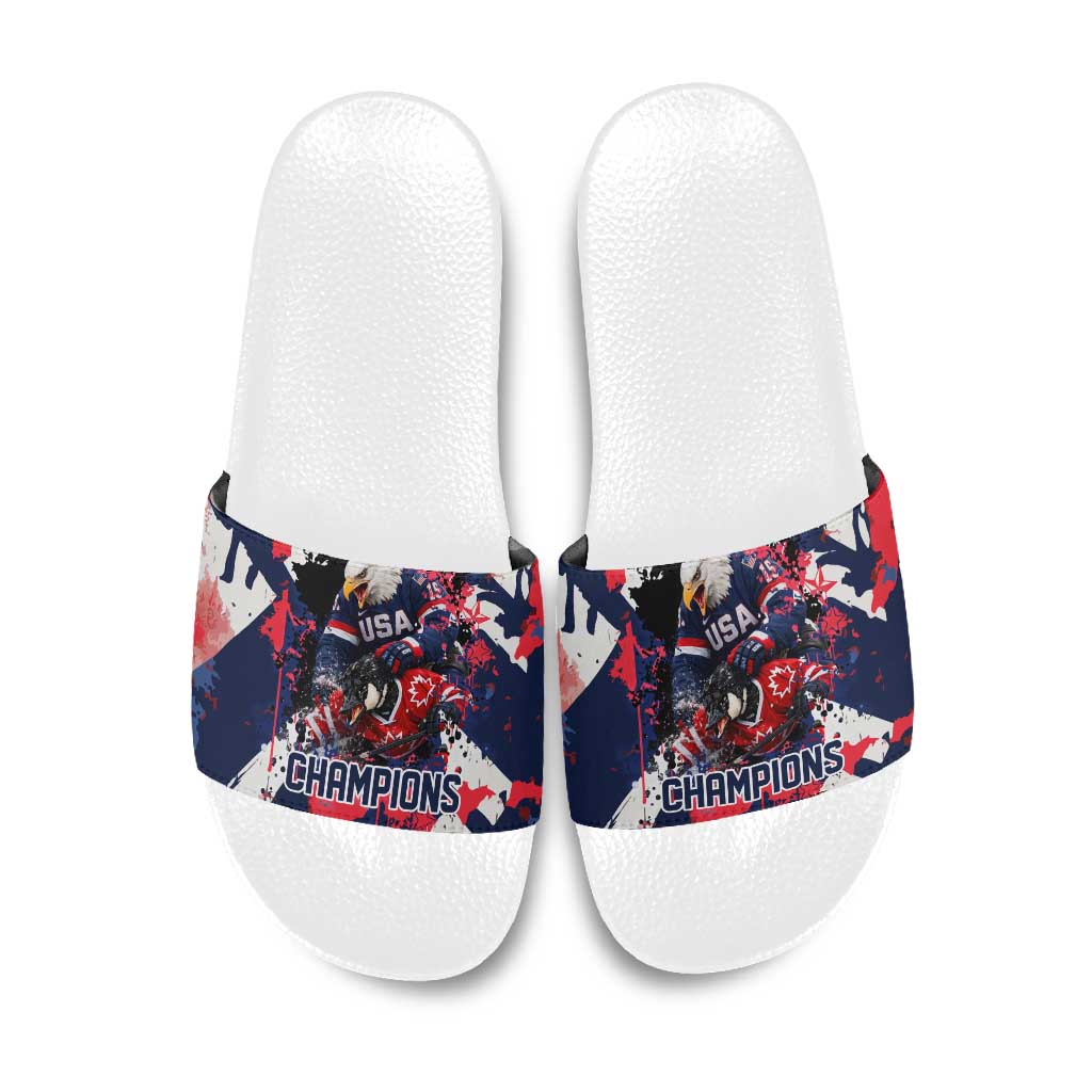 USA Ice Hockey Champions Eagle Slide Sandals Patriotic Paint Splash Graffiti Art