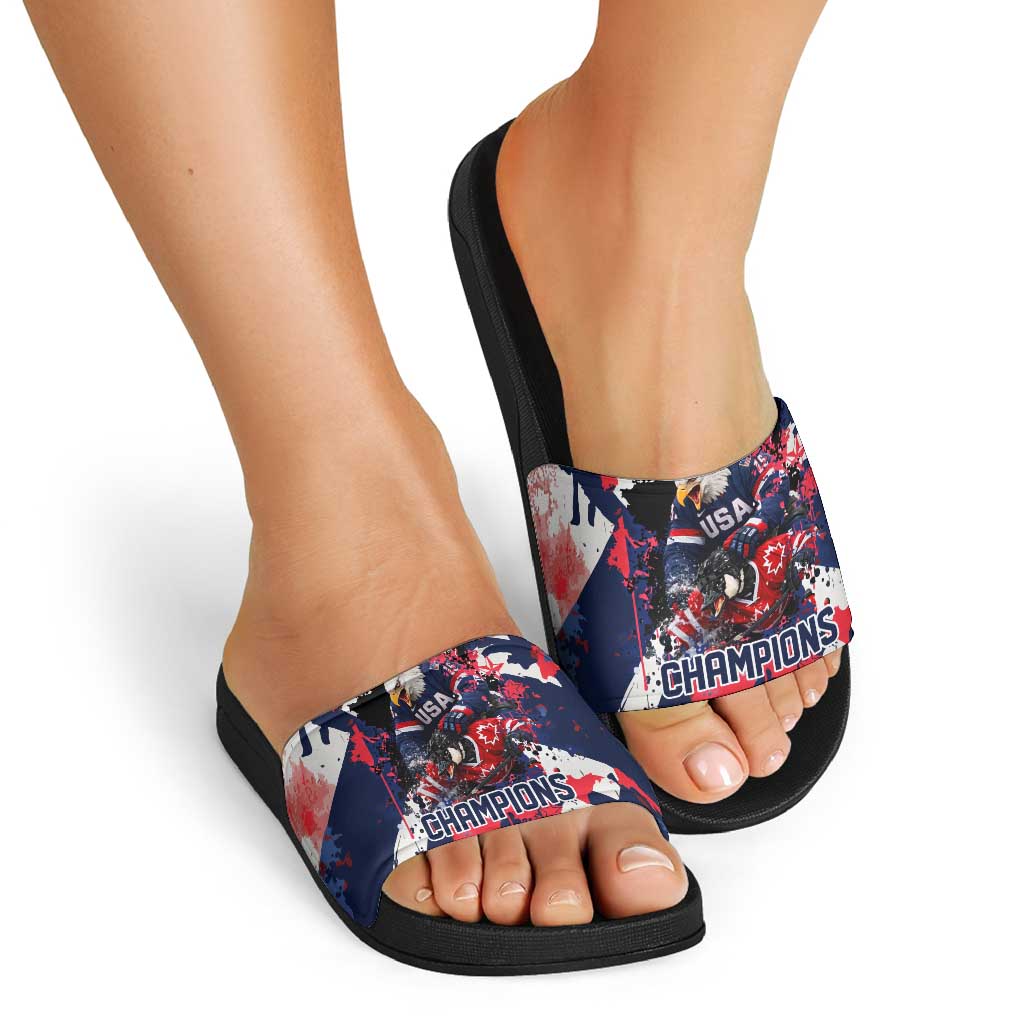USA Ice Hockey Champions Eagle Slide Sandals Patriotic Paint Splash Graffiti Art
