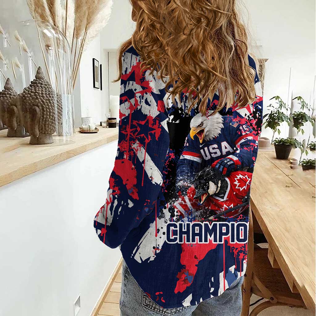 USA Ice Hockey Champions Eagle Women Casual Shirt Patriotic Paint Splash Graffiti Art