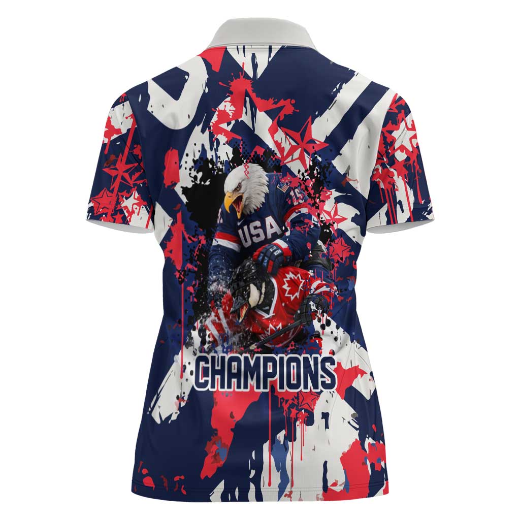 USA Ice Hockey Champions Eagle Women Polo Shirt Patriotic Paint Splash Graffiti Art