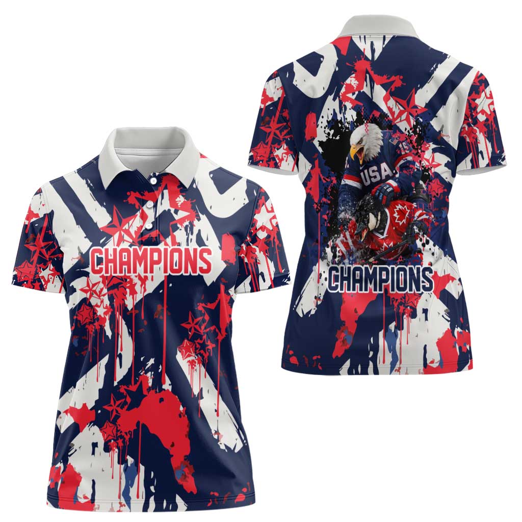 USA Ice Hockey Champions Eagle Women Polo Shirt Patriotic Paint Splash Graffiti Art