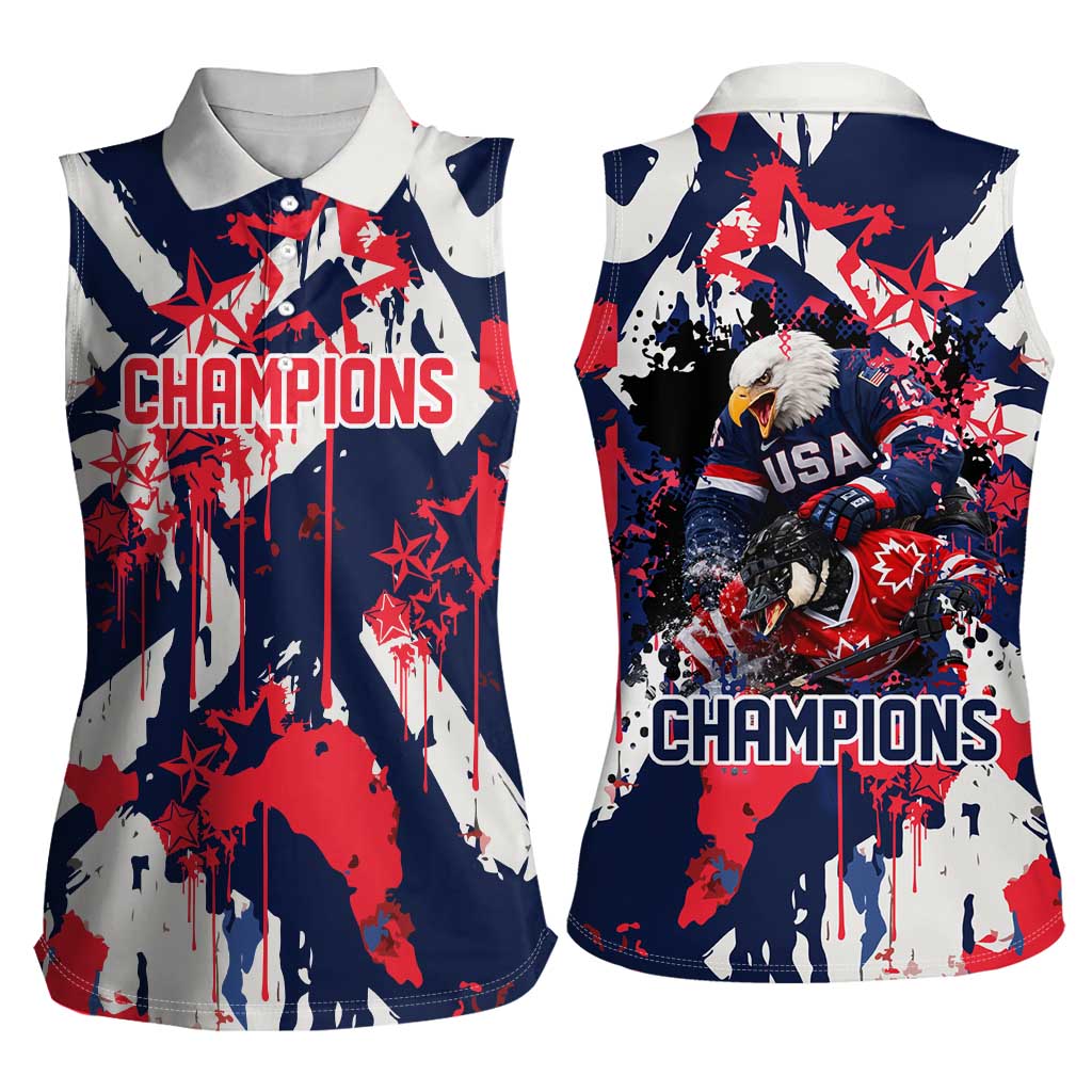 USA Ice Hockey Champions Eagle Women Sleeveless Polo Shirt Patriotic Paint Splash Graffiti Art
