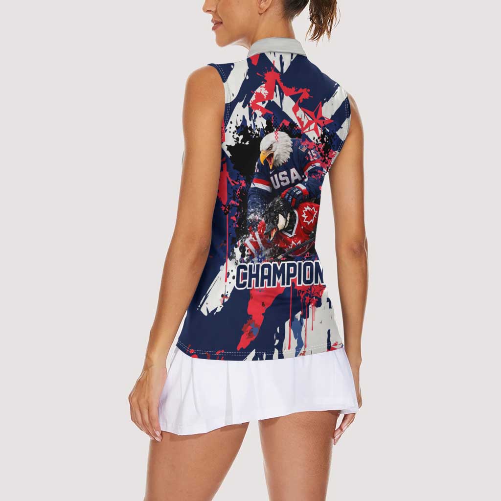 USA Ice Hockey Champions Eagle Women Sleeveless Polo Shirt Patriotic Paint Splash Graffiti Art