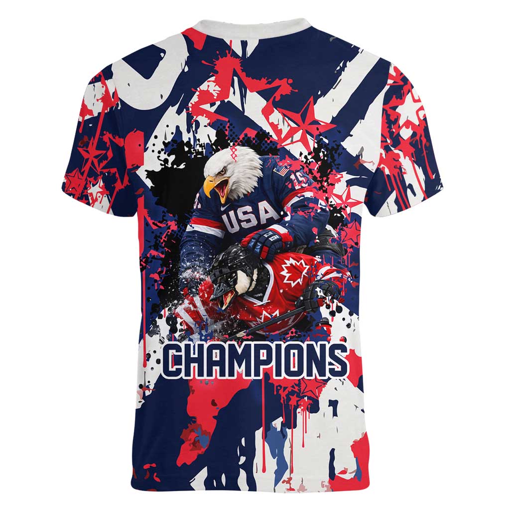 USA Ice Hockey Champions Eagle Women V-Neck T-Shirt Patriotic Paint Splash Graffiti Art
