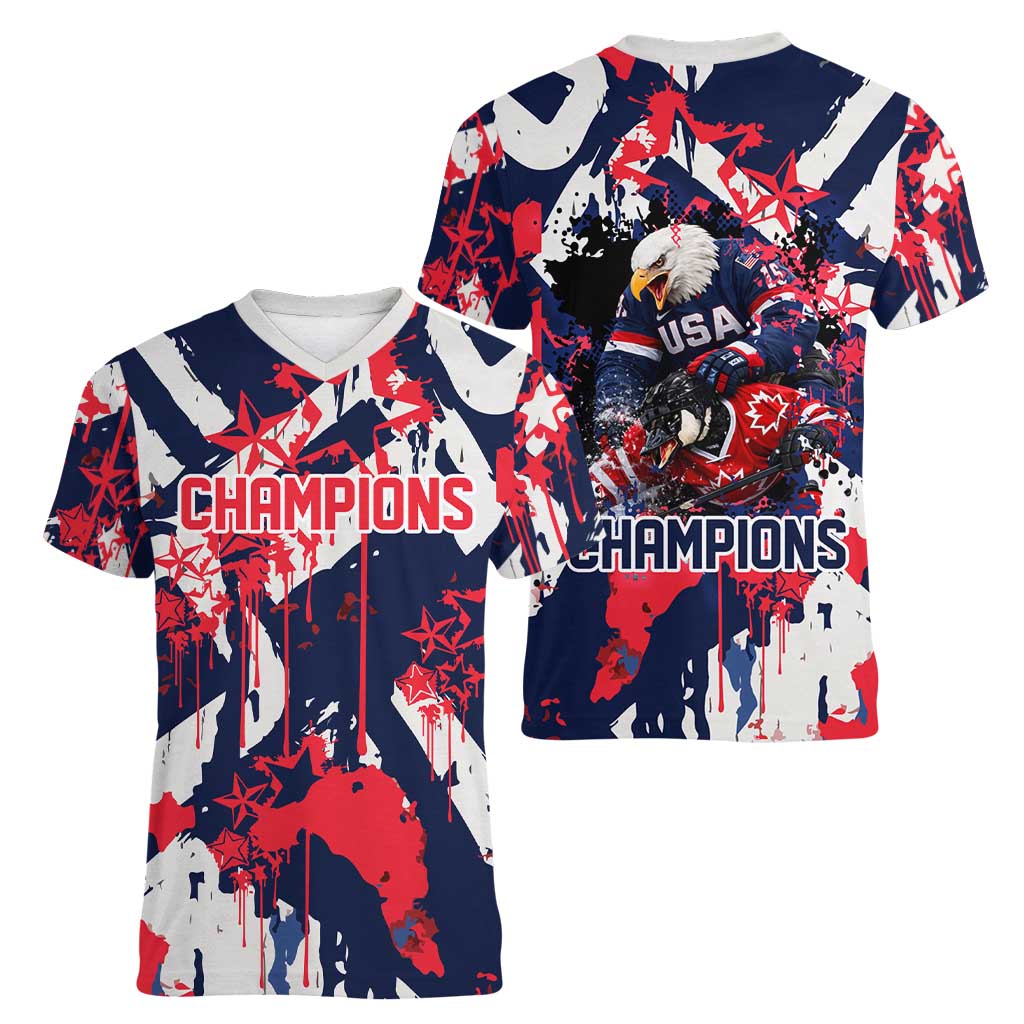 USA Ice Hockey Champions Eagle Women V-Neck T-Shirt Patriotic Paint Splash Graffiti Art