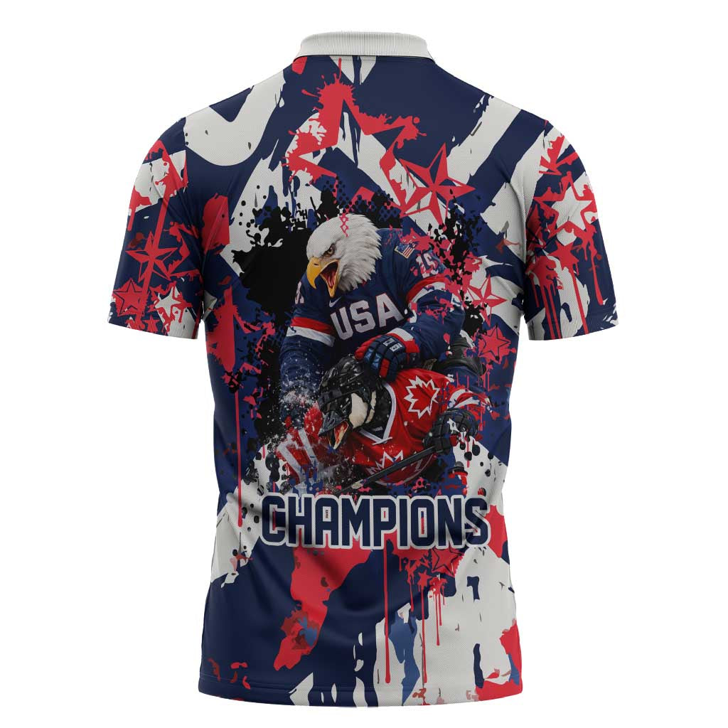 USA Ice Hockey Champions Eagle Zipper Polo Shirt Patriotic Paint Splash Graffiti Art