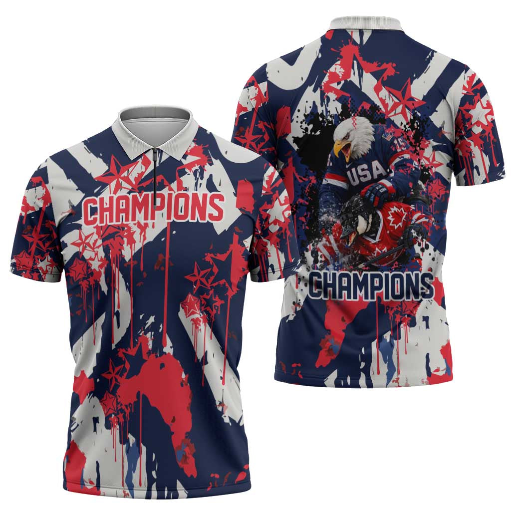 USA Ice Hockey Champions Eagle Zipper Polo Shirt Patriotic Paint Splash Graffiti Art
