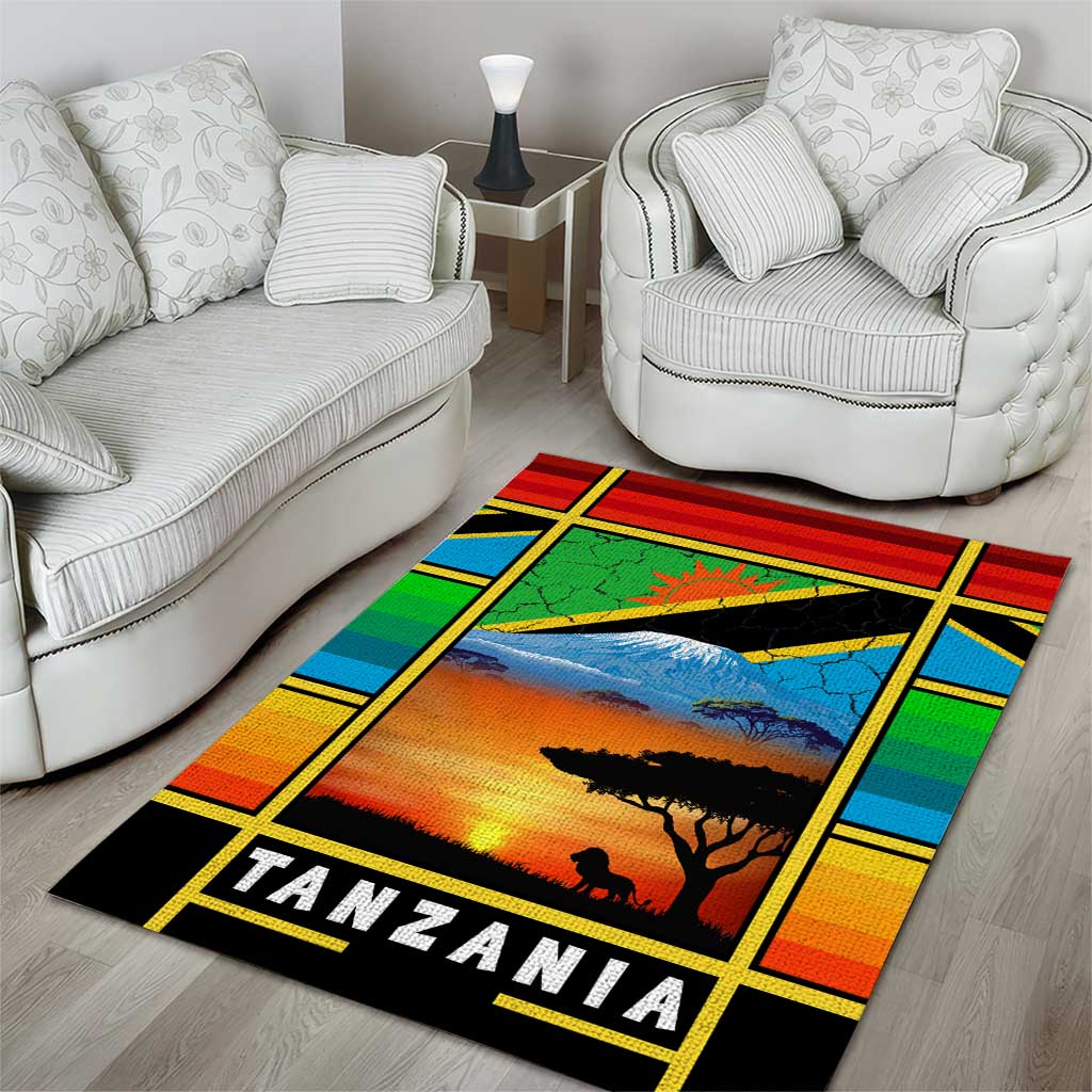 African Sunset Design Area Rug with Flag Map Mount Kilimanjaro and Wildlife Scene