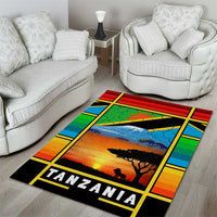 African Sunset Design Area Rug with Flag Map Mount Kilimanjaro and Wildlife Scene