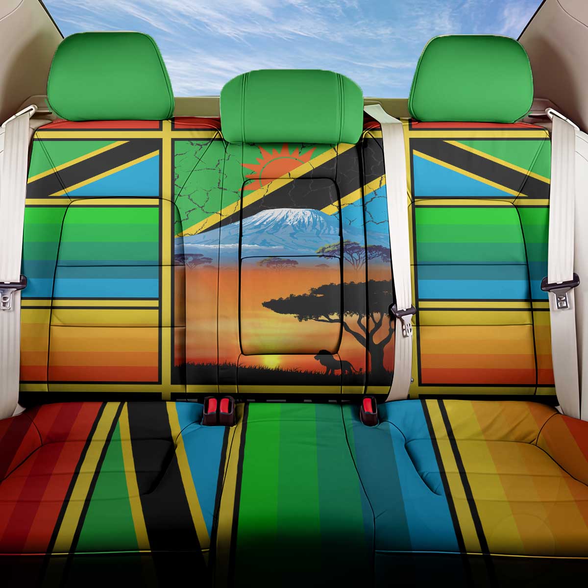 African Sunset Design Back Car Seat Cover with Flag Map Mount Kilimanjaro and Wildlife Scene