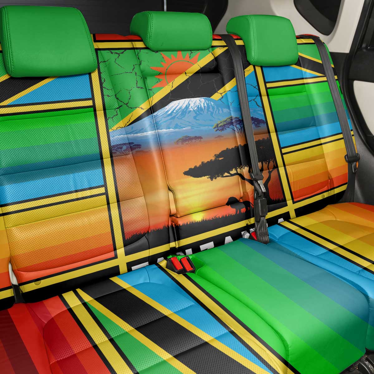 African Sunset Design Back Car Seat Cover with Flag Map Mount Kilimanjaro and Wildlife Scene