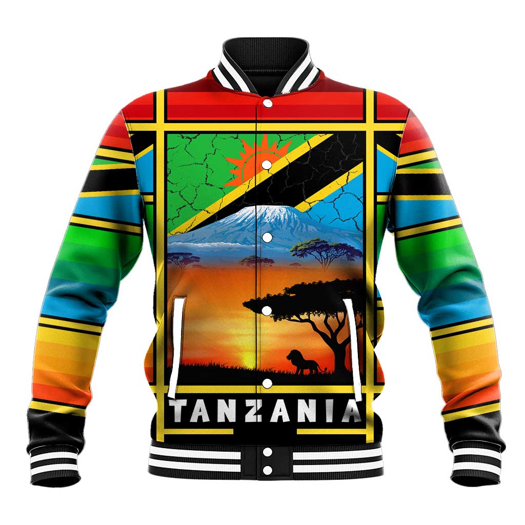African Sunset Design Baseball Jacket with Flag Map Mount Kilimanjaro and Wildlife Scene