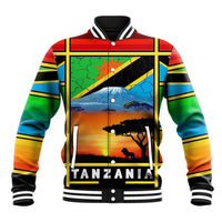African Sunset Design Baseball Jacket with Flag Map Mount Kilimanjaro and Wildlife Scene