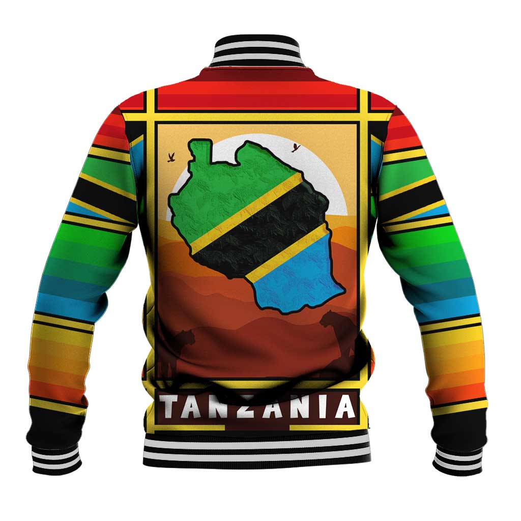 African Sunset Design Baseball Jacket with Flag Map Mount Kilimanjaro and Wildlife Scene