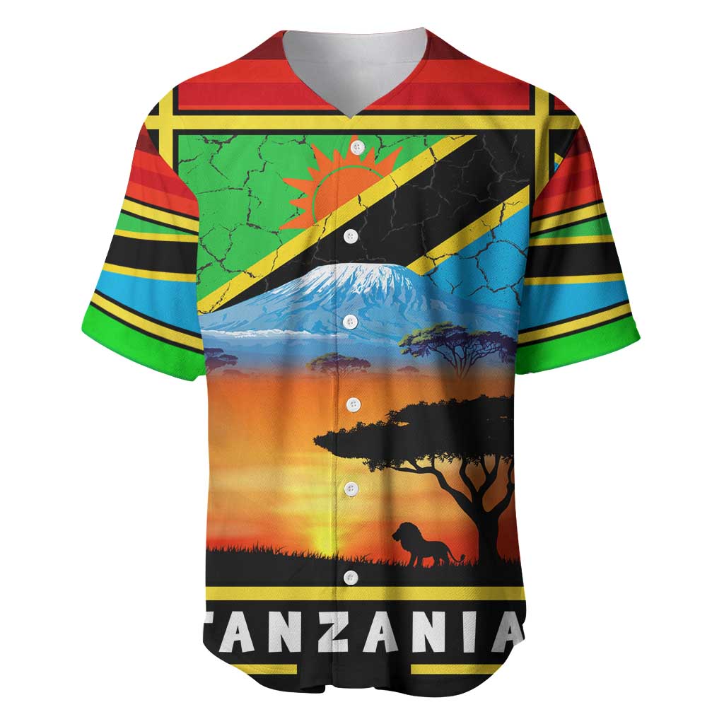 African Sunset Design Baseball Jersey with Flag Map Mount Kilimanjaro and Wildlife Scene