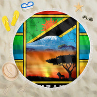 African Sunset Design Beach Blanket with Flag Map Mount Kilimanjaro and Wildlife Scene