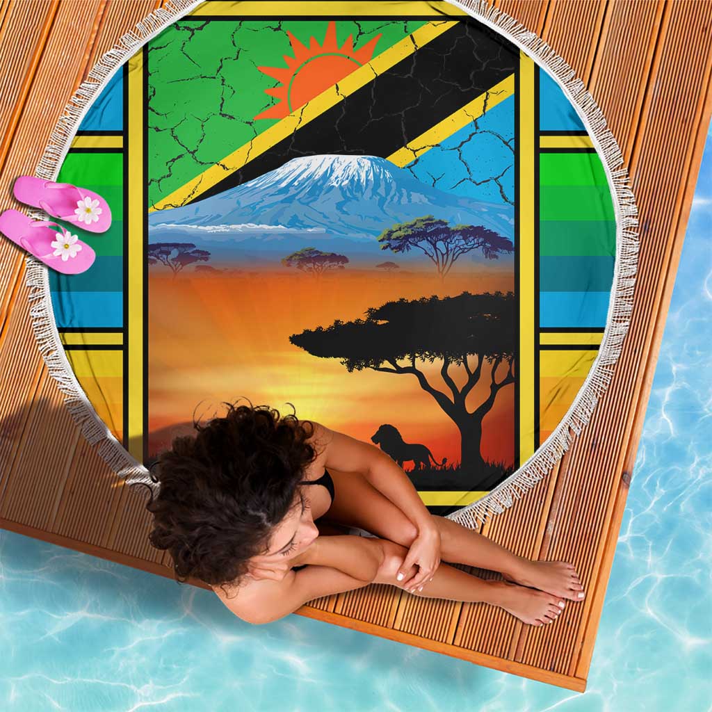 African Sunset Design Beach Blanket with Flag Map Mount Kilimanjaro and Wildlife Scene