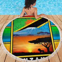 African Sunset Design Beach Blanket with Flag Map Mount Kilimanjaro and Wildlife Scene