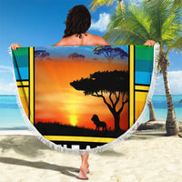 African Sunset Design Beach Blanket with Flag Map Mount Kilimanjaro and Wildlife Scene