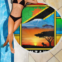 African Sunset Design Beach Blanket with Flag Map Mount Kilimanjaro and Wildlife Scene