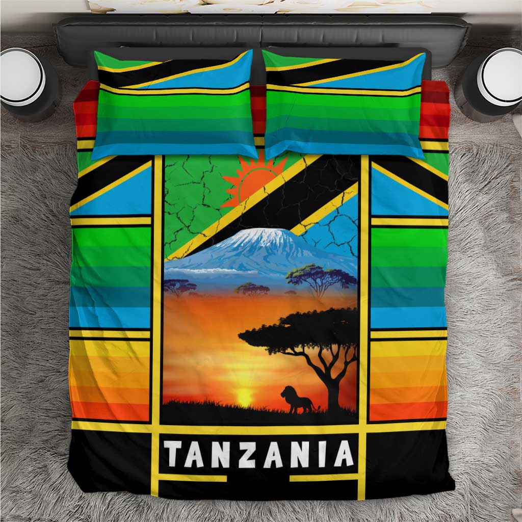 African Sunset Design Bedding Set with Flag Map Mount Kilimanjaro and Wildlife Scene
