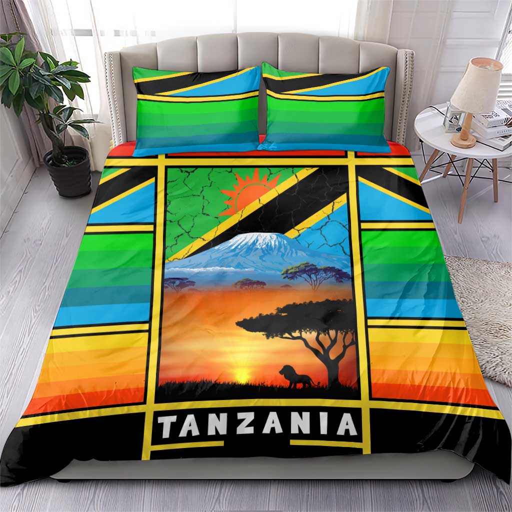 African Sunset Design Bedding Set with Flag Map Mount Kilimanjaro and Wildlife Scene